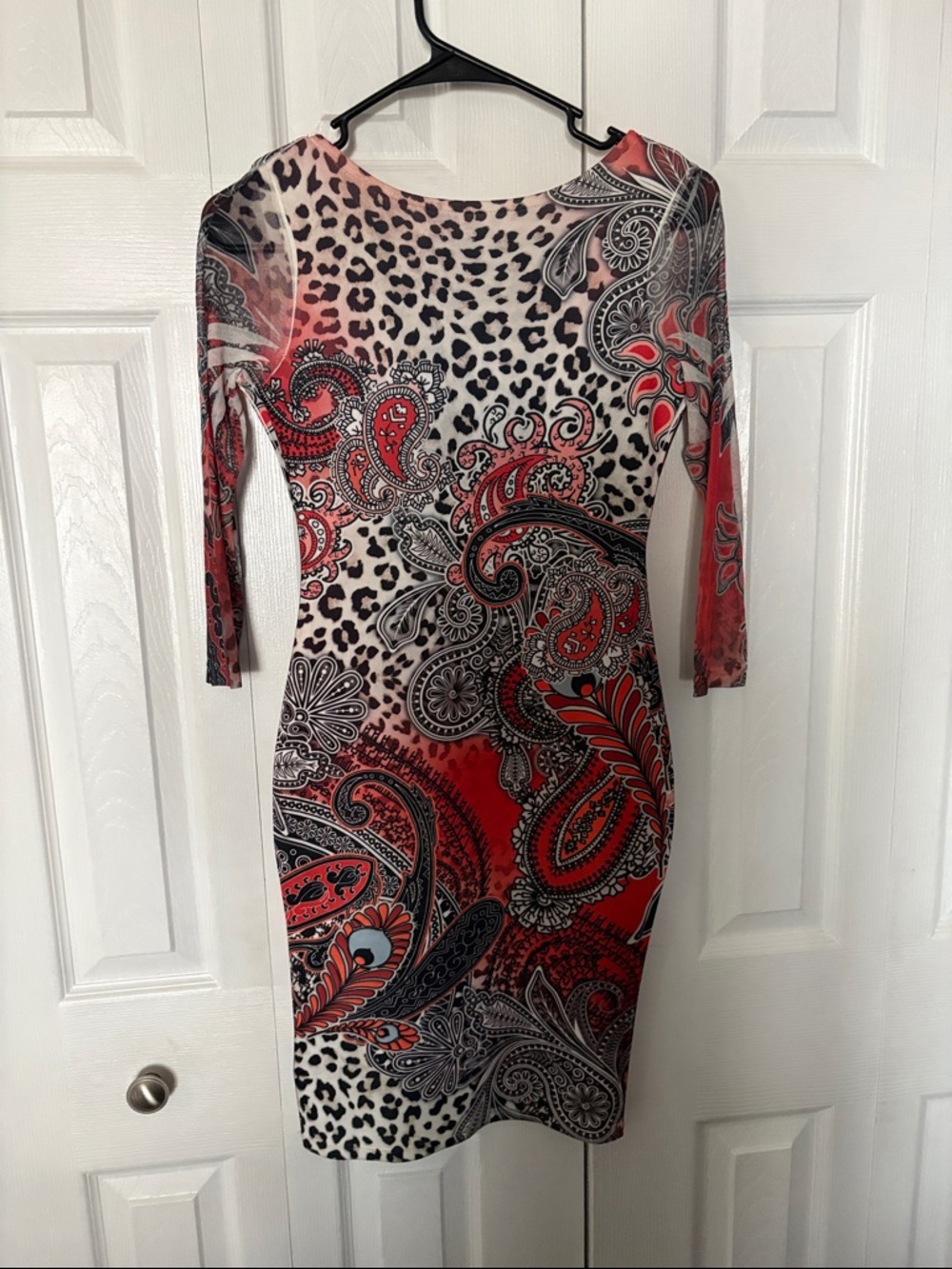 Red/ orange Paisley & Leopard Print 3/4 Sheer Sleeve Bodycon Dress